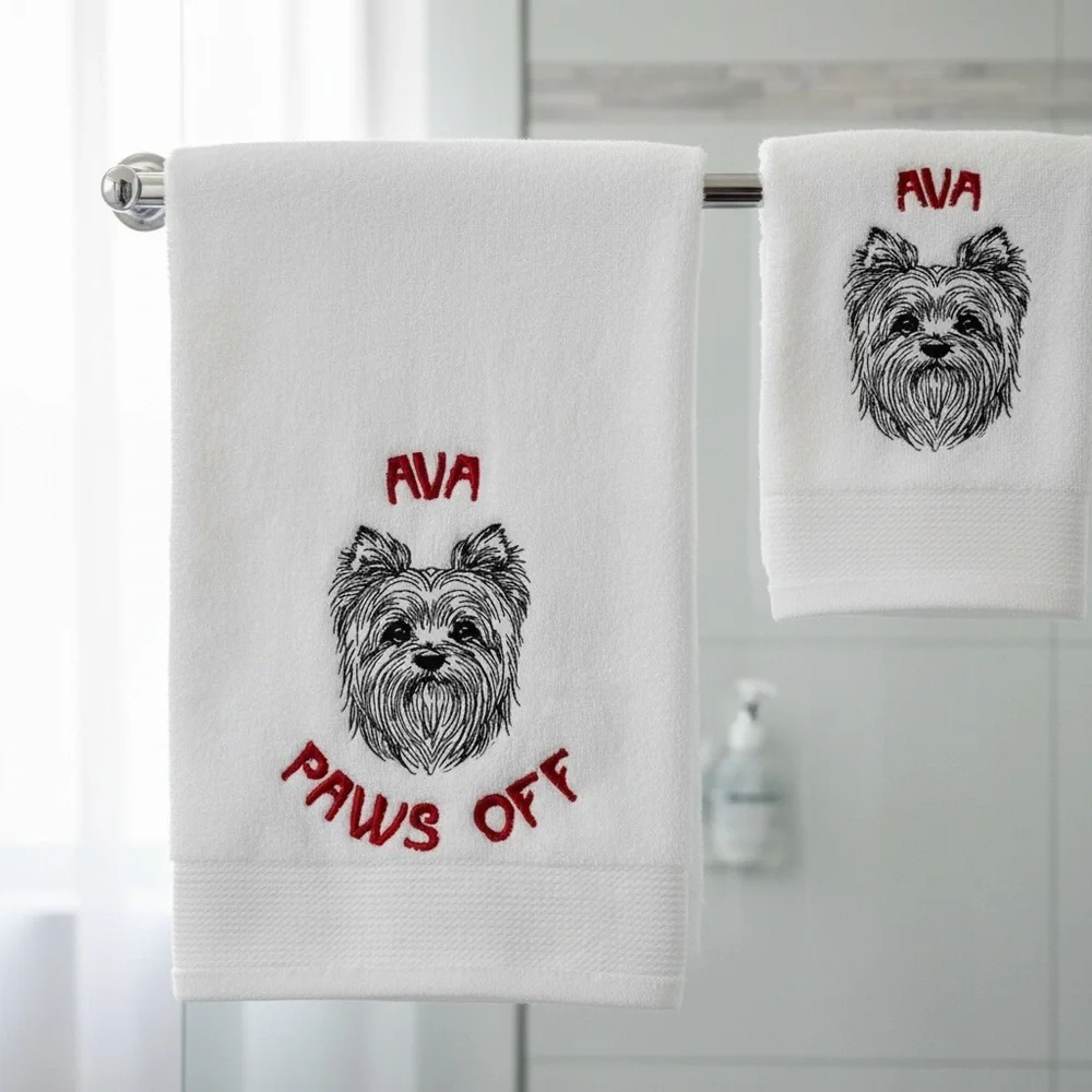 Personalized Embroidered Dog Hand and bath Towel set with your dog's name paws